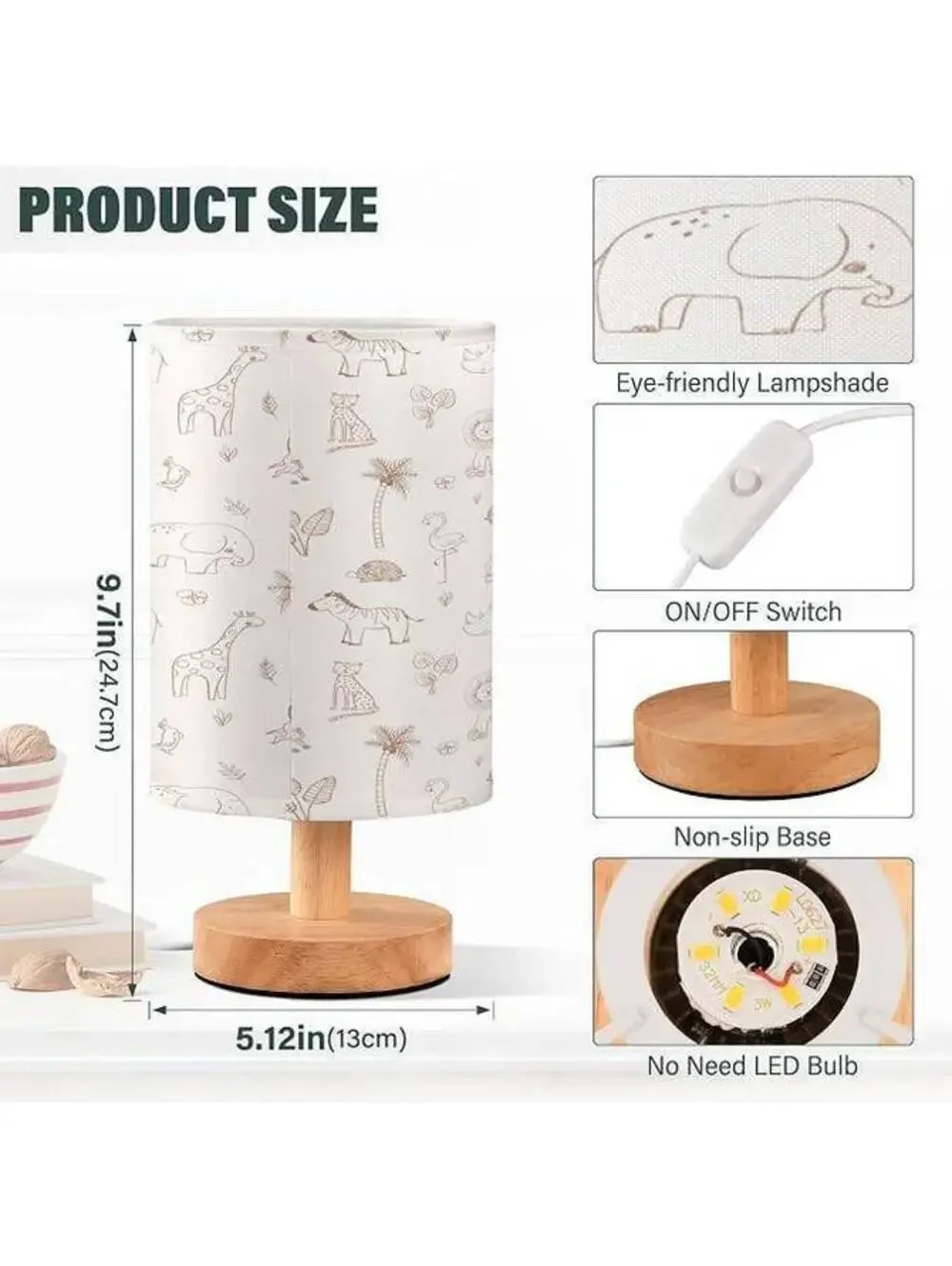Sarari Nursery Table Bedside Lamp with USB Port Fabric Shade